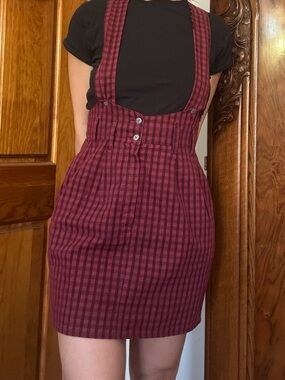 High-Waist Burgundy Plaid Pinafore Skirt